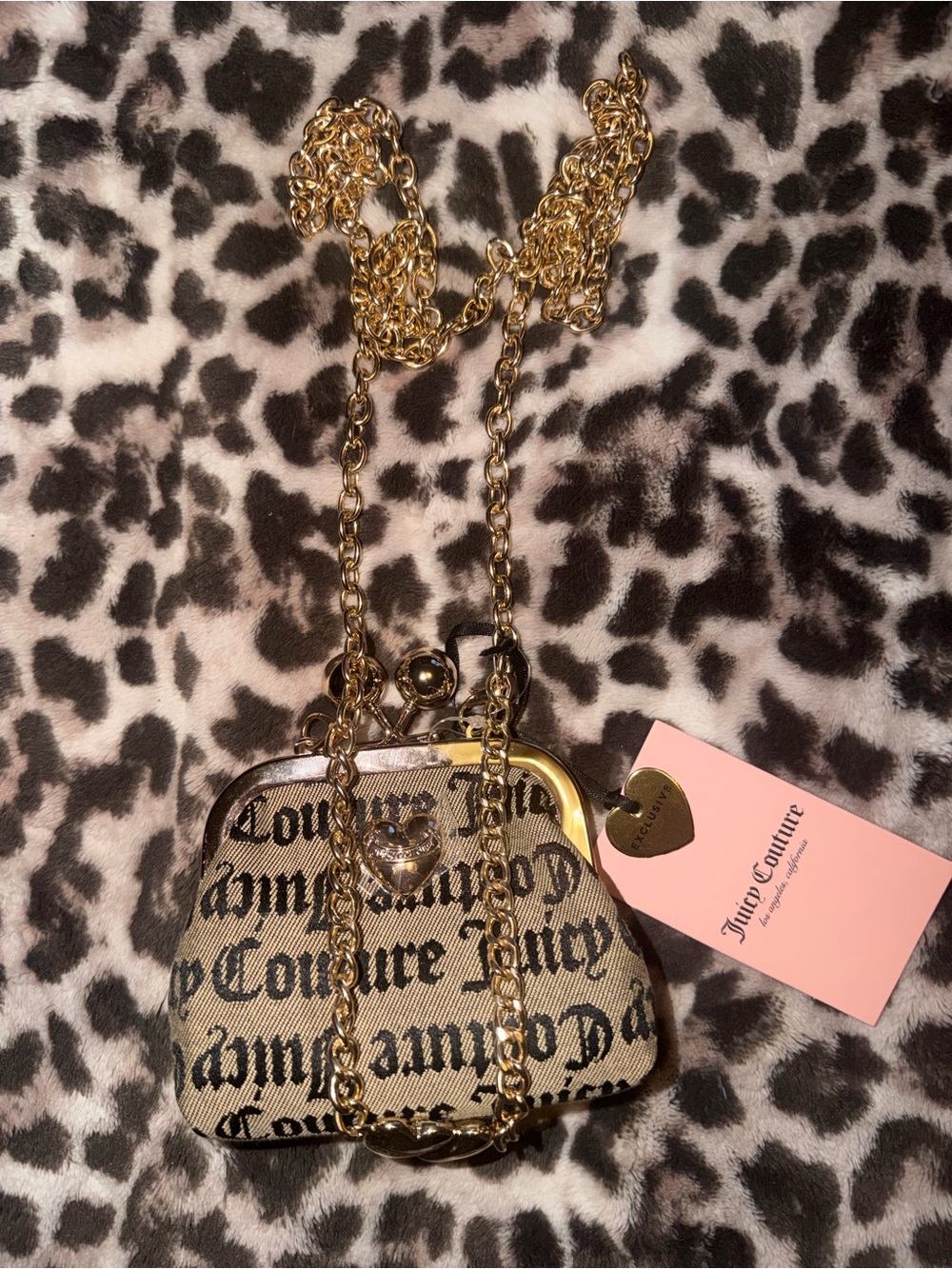 Juicy Couture Beige Logo Mini Kiss-Lock Coinpurse with Gold Chain